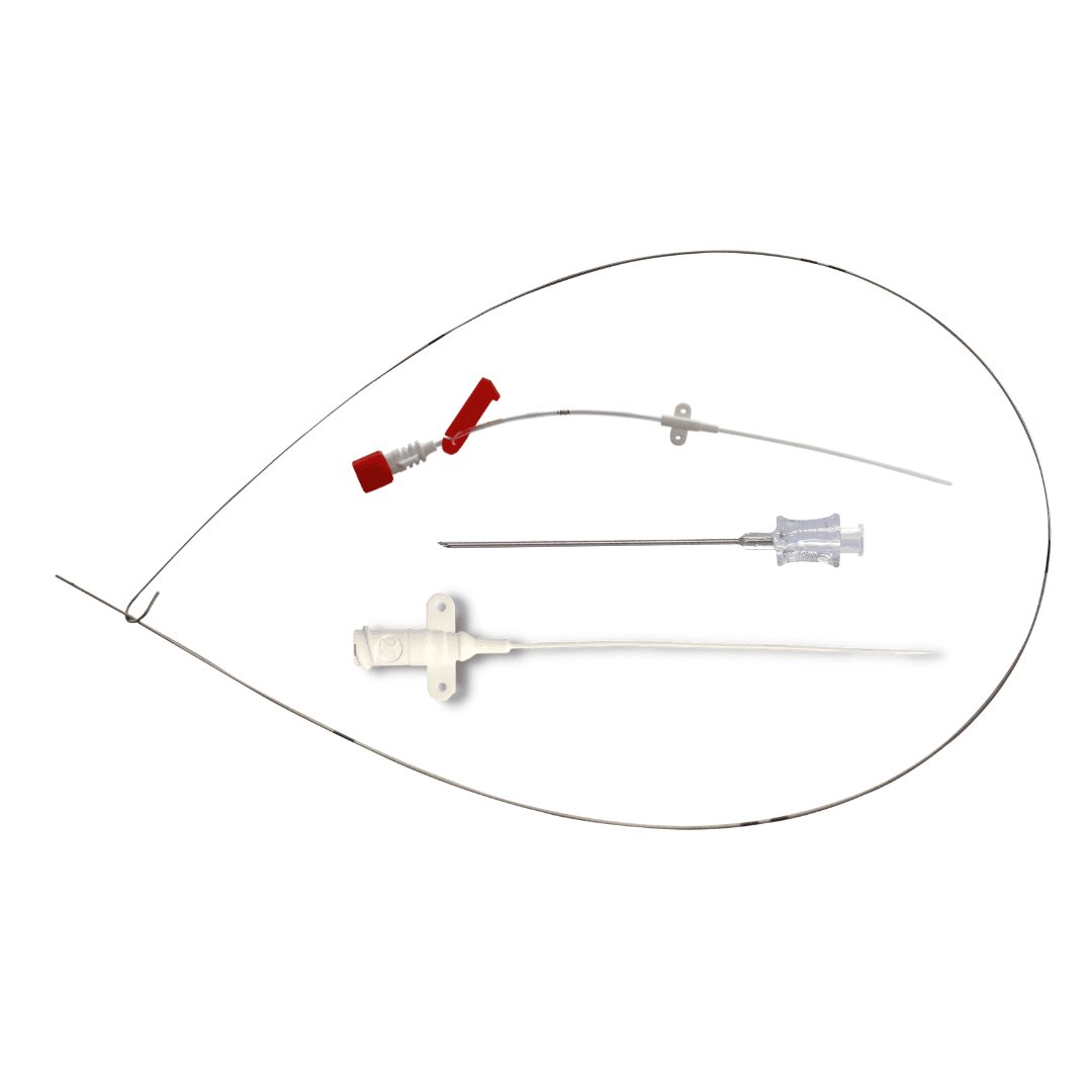 Medical vascular access kit featuring a long guidewire, introducer needle, and white catheter components.