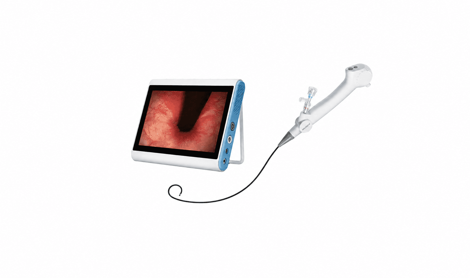 Medical video endoscope with a monitor displaying internal anatomy and a handheld flexible probe.