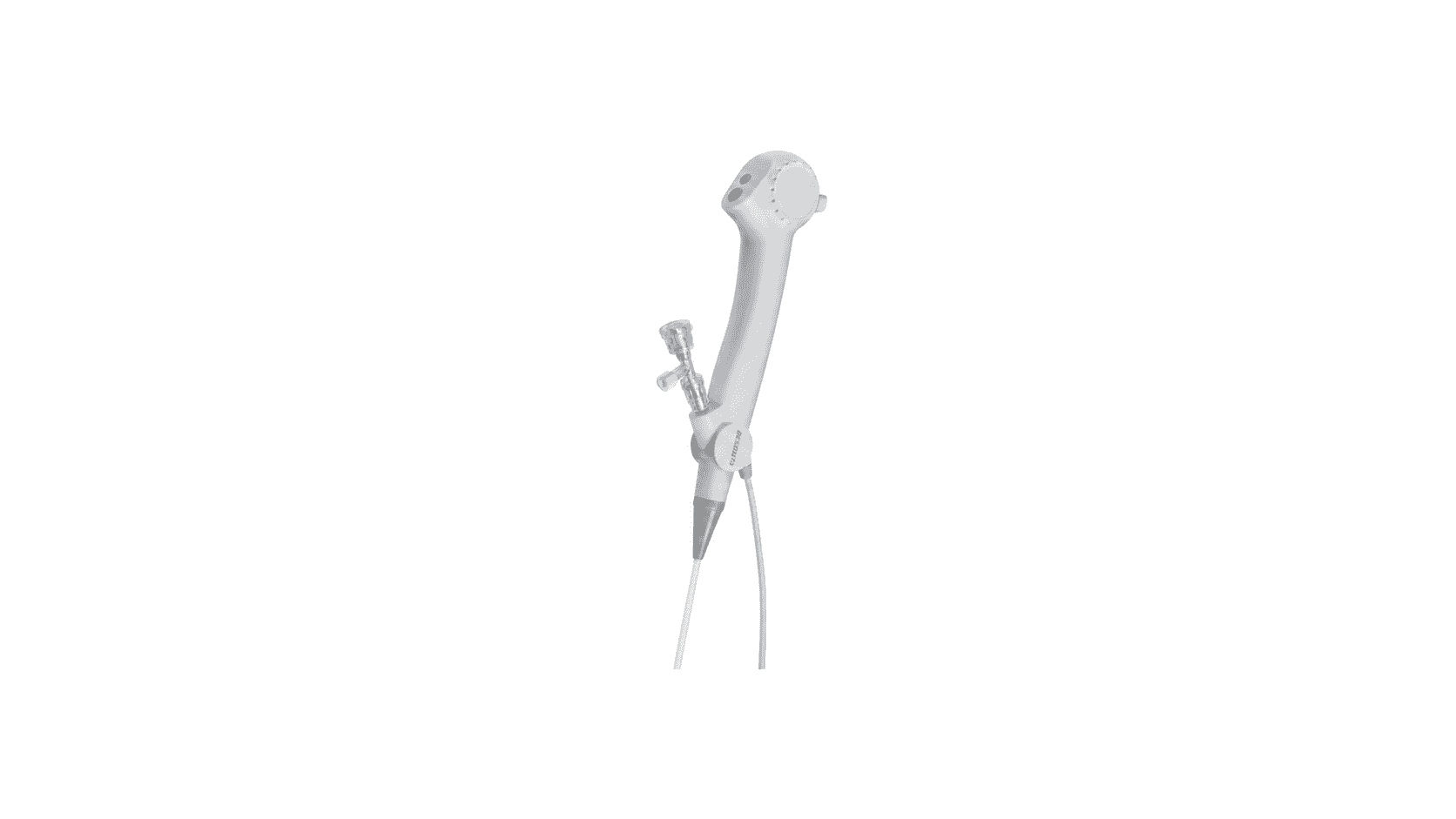 White medical flexible endoscope with control buttons, suction port, and a thin insertion tube.