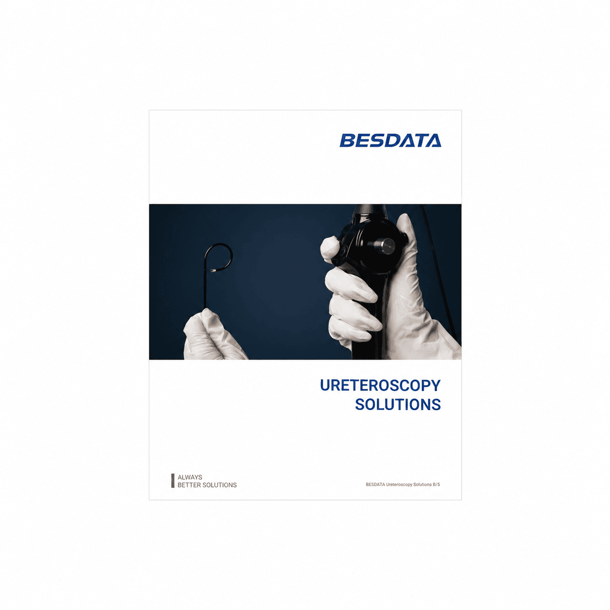 Gloved hands holding a ureteroscope and thin curved catheter for BESDATA ureteroscopy solutions.