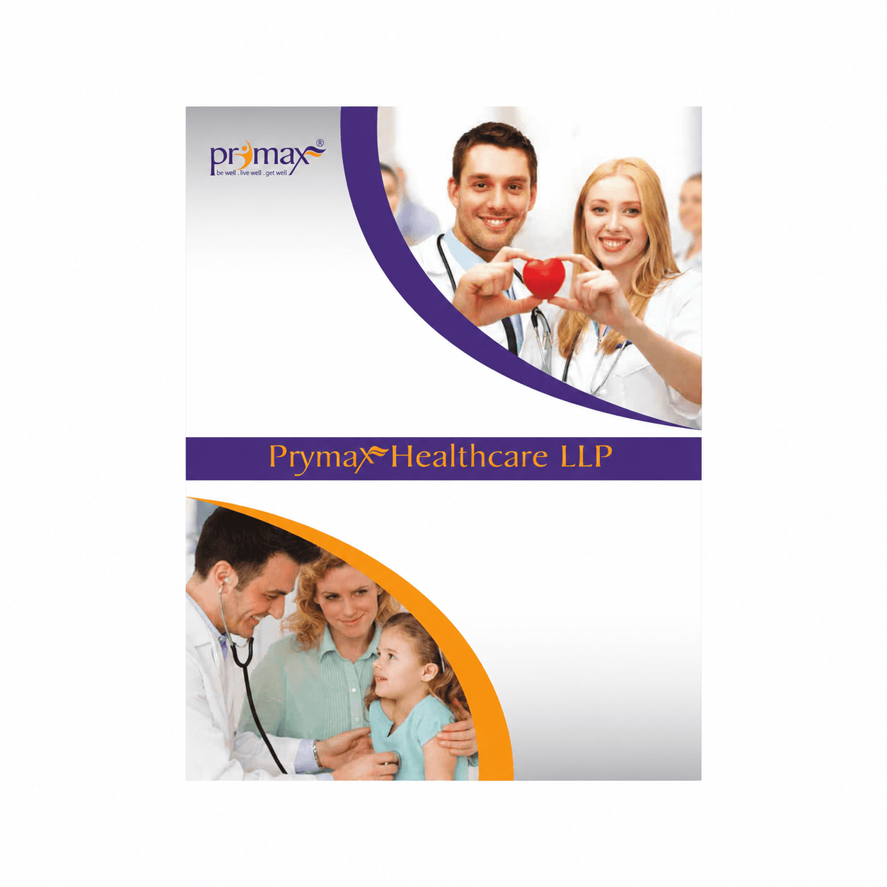 Smiling doctors holding a heart and a doctor examining a child for Prymax Healthcare LLP.