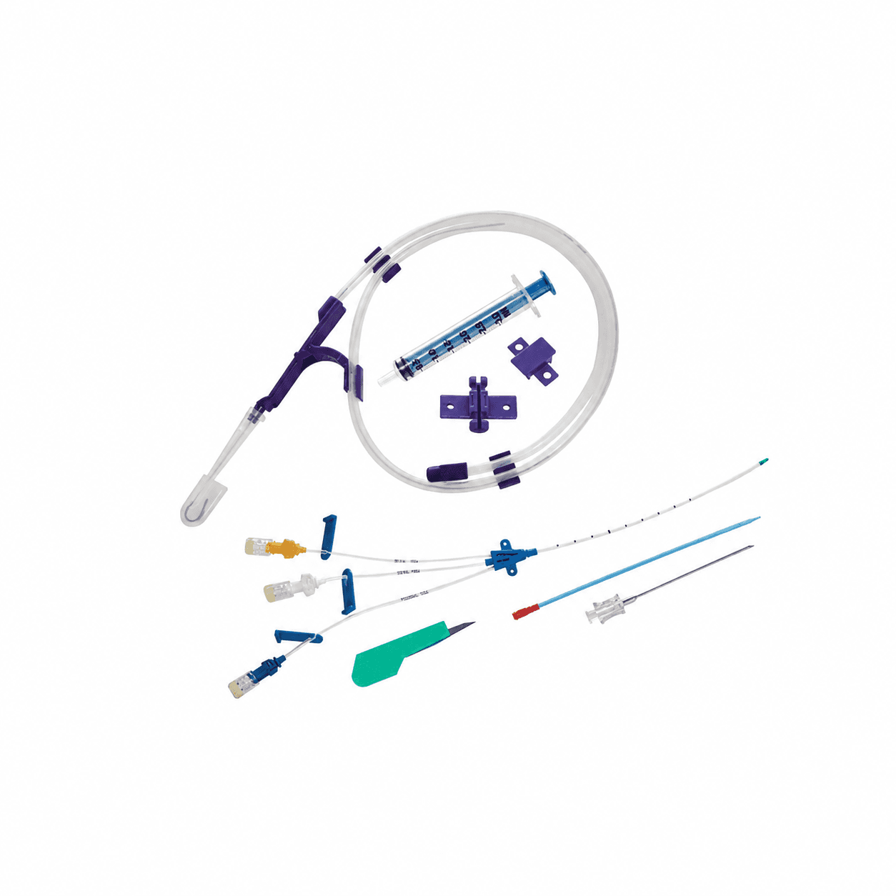 Central venous catheter kit with triple-lumen catheter, guidewire, syringe, and scalpel on white background.