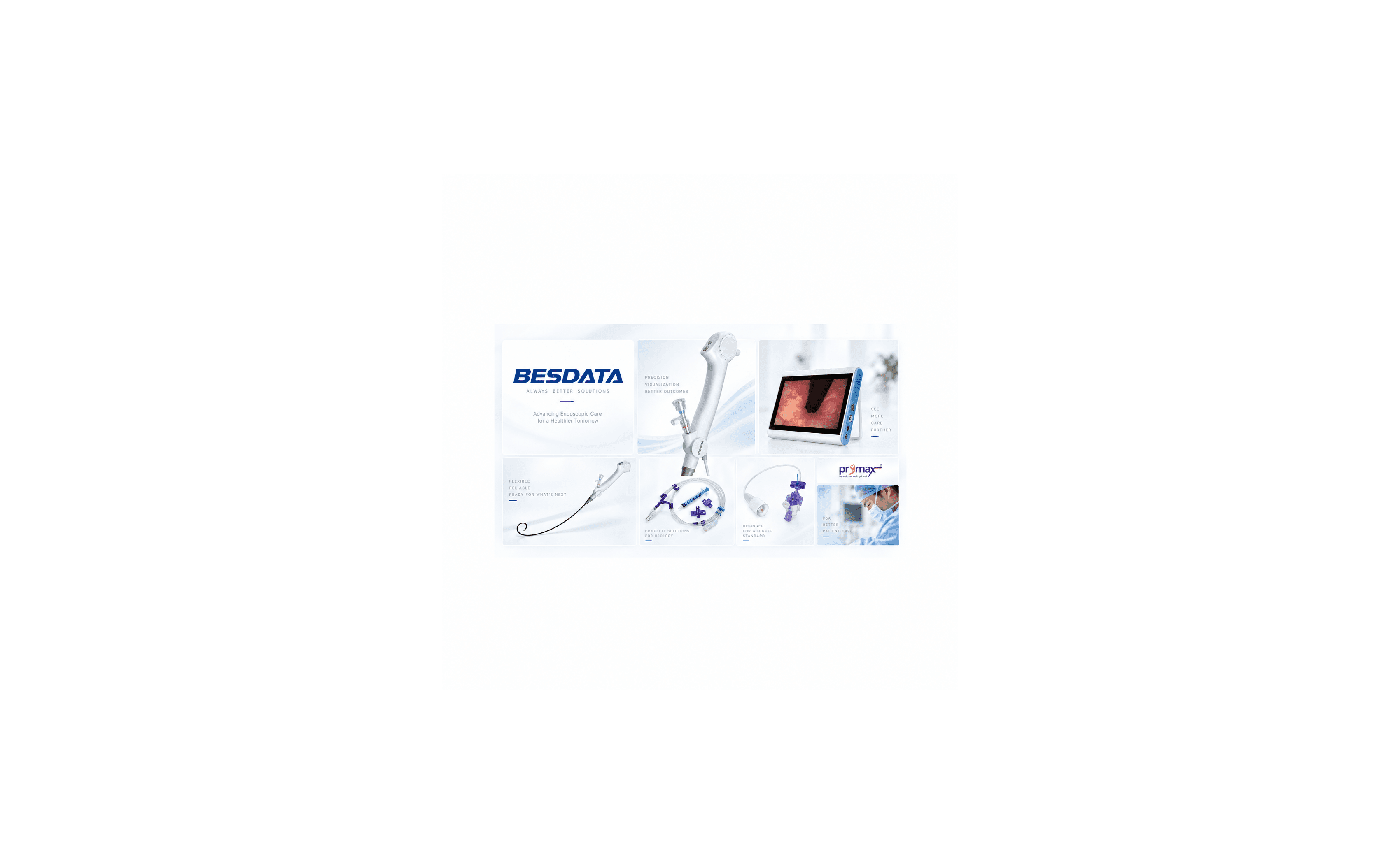 BESDATA advertisement showcasing advanced endoscopic medical equipment, including visualization monitors and flexible surgical tools.