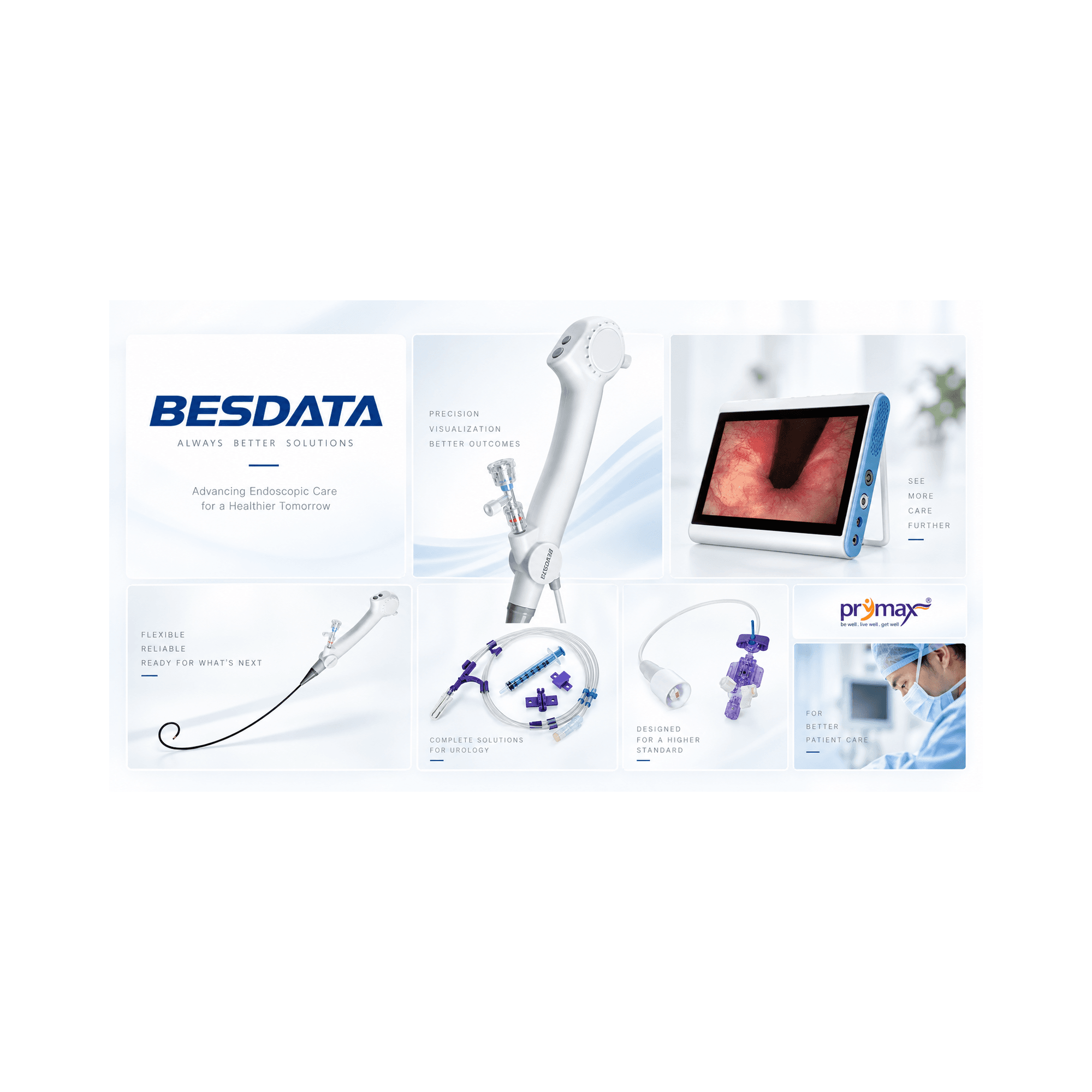 Collage of BESDATA medical equipment including endoscopic scopes, a digital monitor, and urological accessories.