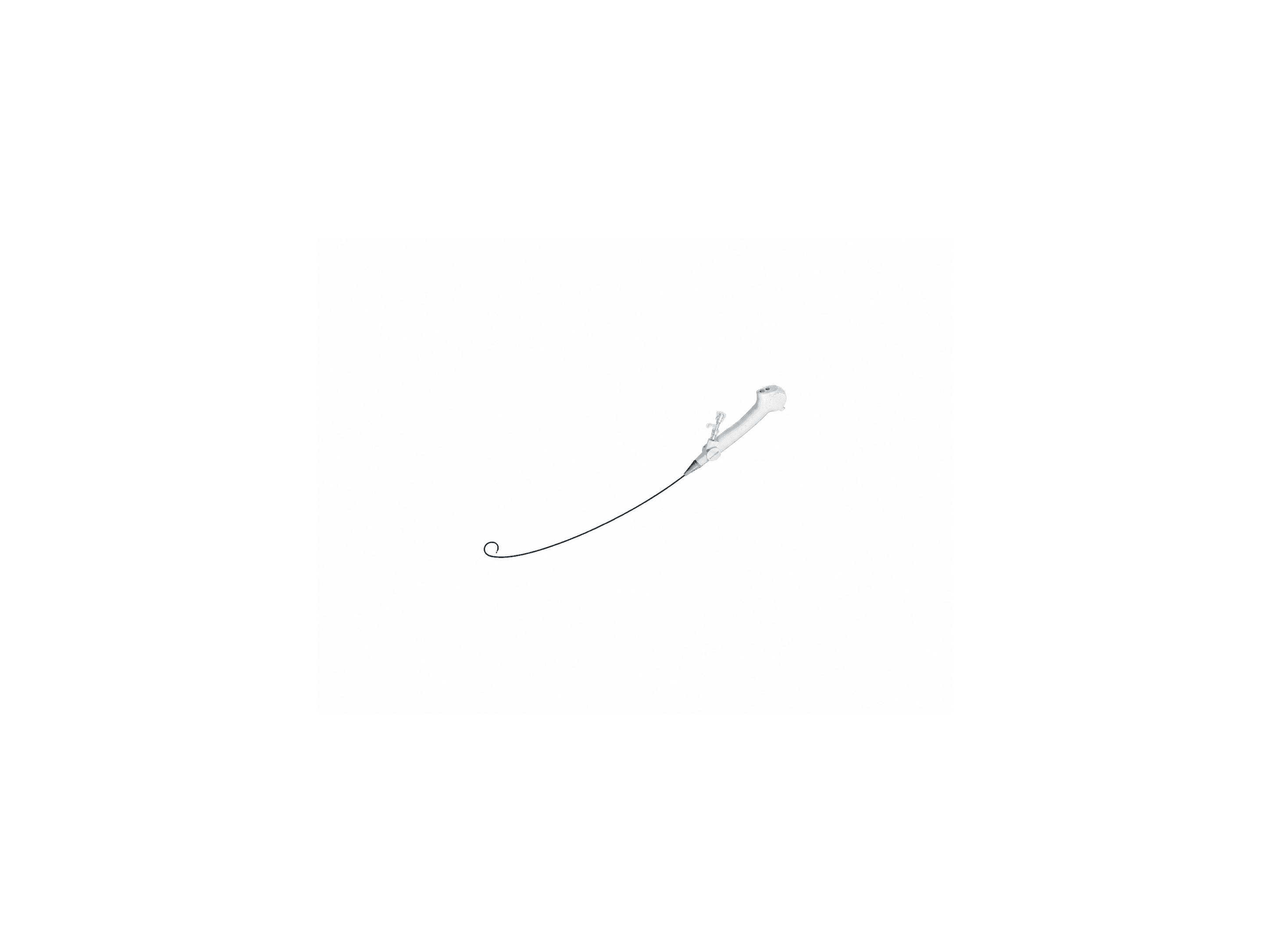 Medical steerable catheter with a white ergonomic handle and a long, thin black flexible sheath.
